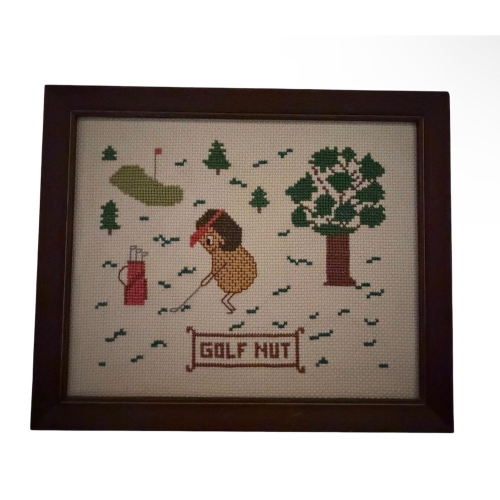 Vintage Golf Nut Framed Cross Stitch Needlepoint Wall Art Lynn Kidd Handmade